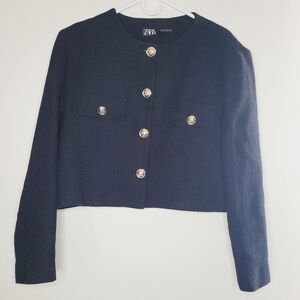 Zara Tweed Jacket Cropped Textured Black Large Women Gold Button Business Preppy
